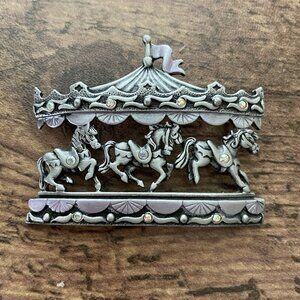 Vintage JJ Jonette Carousel Pewter Brooch Silver Tone Crystal Rhinestones 2 1/4"